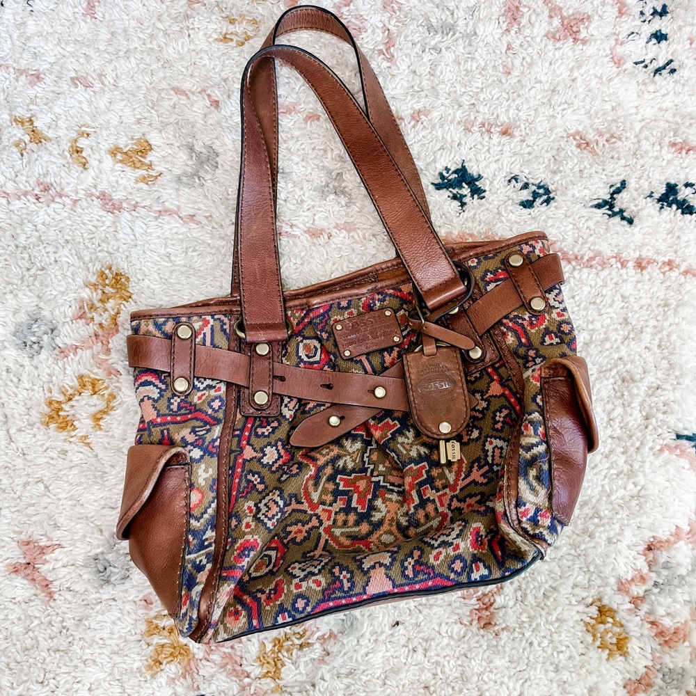 Fossil 1954 Live Love Vintage Maddox Leather Tapestry Carpet Bag